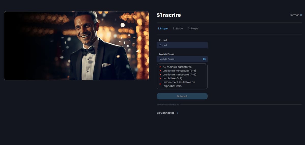 Formulaire d'inscription de CasinoNight avec les champs email et mot de passe pour créer un compte joueur
