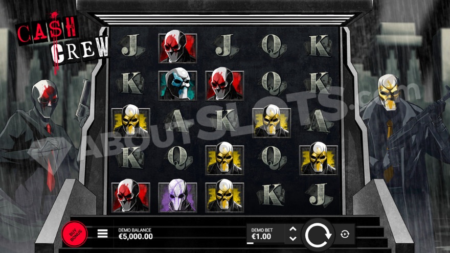Jeu de base de Cash Crew avec deux bandits masqués de part et d'autre des rouleaux sur fond nocturne pluvieux