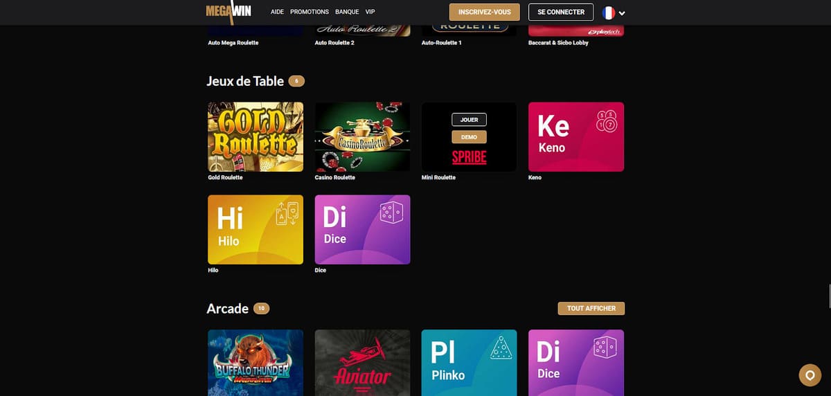Section jeux de table de Mega Win Casino affichant blackjack, roulette et baccarat en variantes multiples