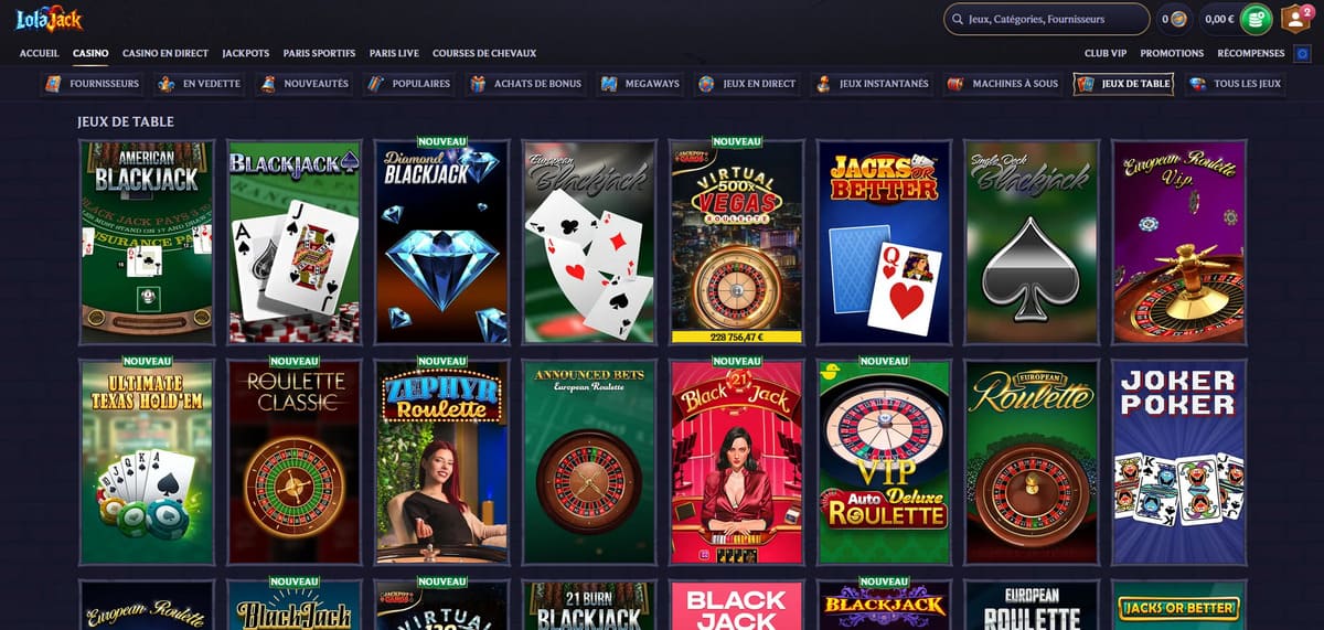 Interface jeux de table de LolaJack Casino présentant les variantes blackjack et roulette disponibles en mode RNG