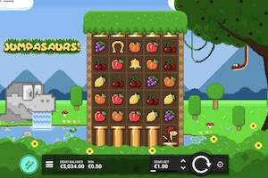 Grille 5x5 de Jumpasaurs avec reels activés et Mystery Symbols en cours de révélation sur fond pixel art 8 bits