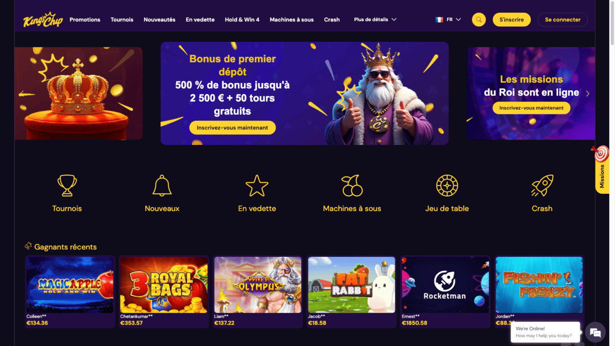 Lobby Kings Chip Casino avec les catégories de jeux et le menu de navigation principal