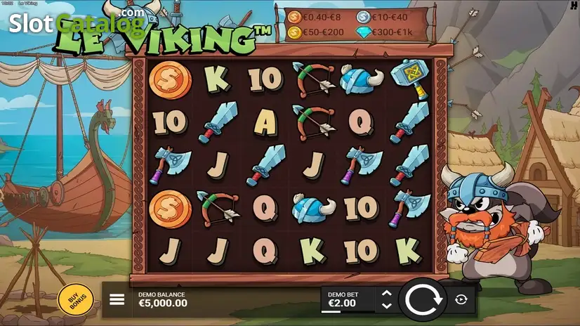 Grille 6x5 de Le Viking en base game avec symboles vikings, pièces et scatters FS sur fond nordique enneigé