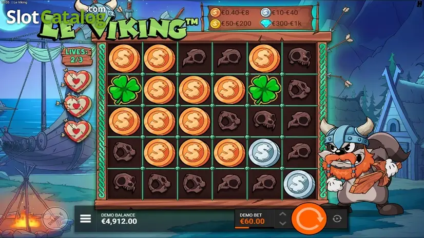 Écran Raid Spins de Le Viking avec pièces sticky sur la grille 6x5 et compteur de vies restantes affiché
