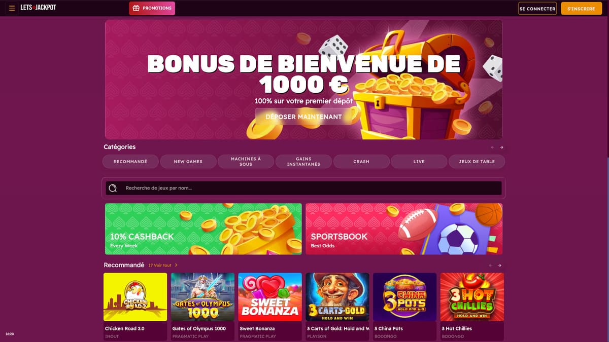 Interface du lobby principal de Lets Jackpot Casino avec la bannière du jackpot progressif à 5 millions d'euros
