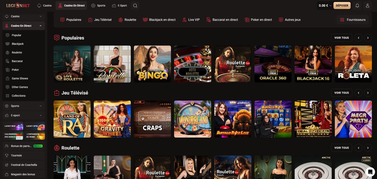 Section live casino de LegionBet avec tables en direct Evolution Gaming et Pragmatic Live