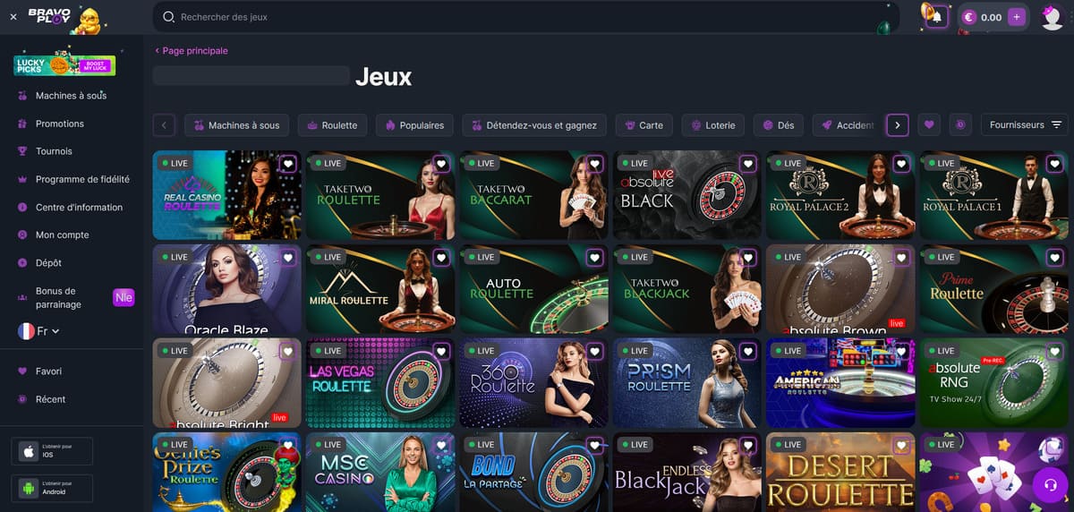 Section casino en direct de BravoPlay avec tables roulette et blackjack Evolution et Pragmatic Play Live
