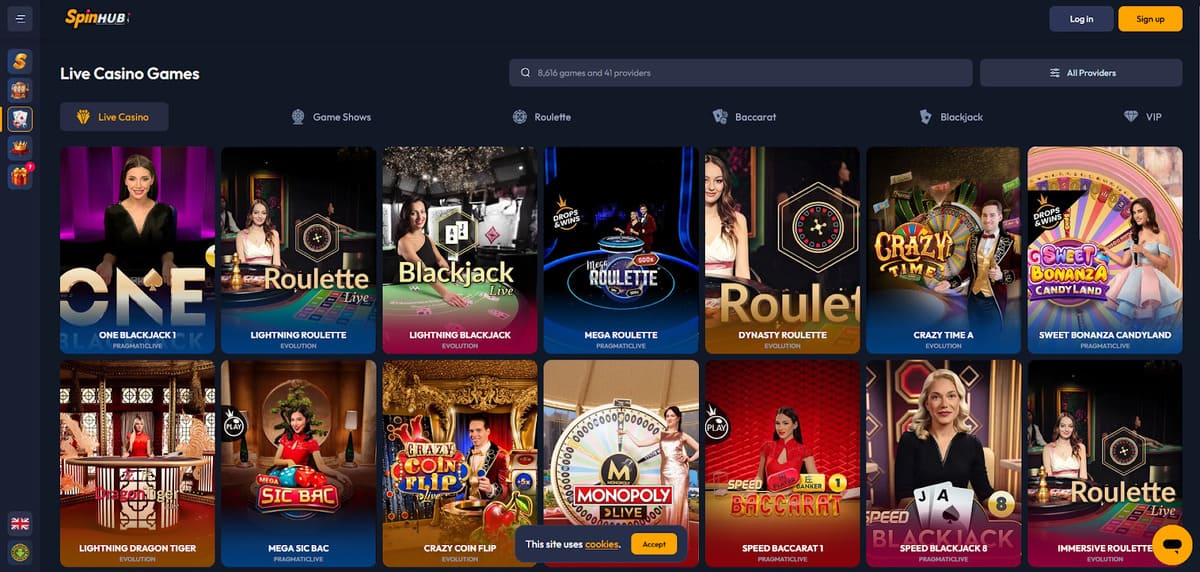Section live casino de Spinhub Casino avec les tables Evolution Gaming et Pragmatic Play Live en direct