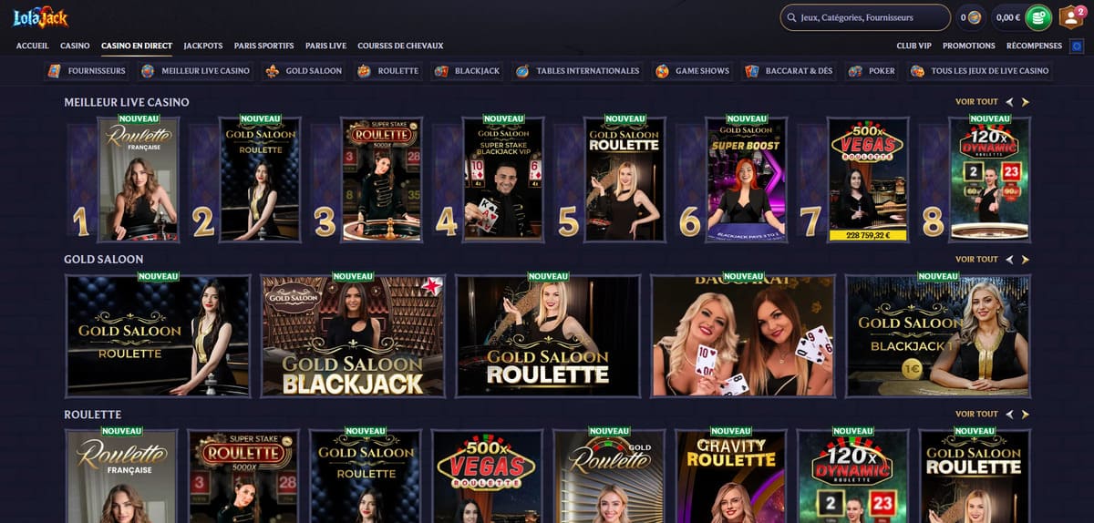 Section live casino de LolaJack avec tables en direct Evolution Gaming et Pragmatic Play Live en temps réel