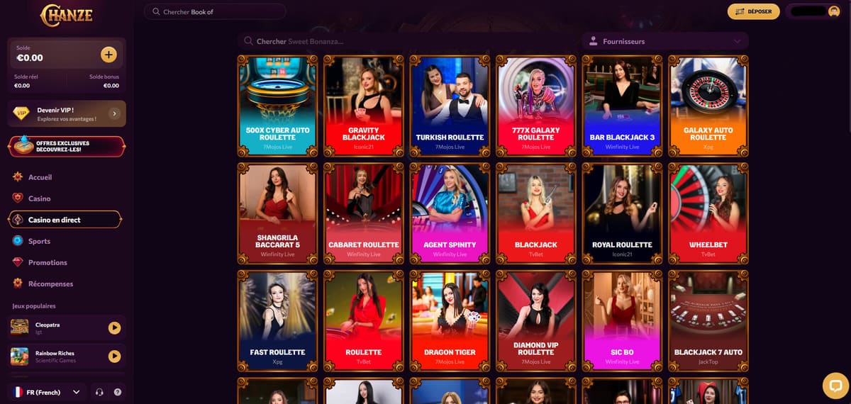 Section casino en direct de Chanze Casino avec les tables live des studios 7Mojos, Iconic21 et Winfinity