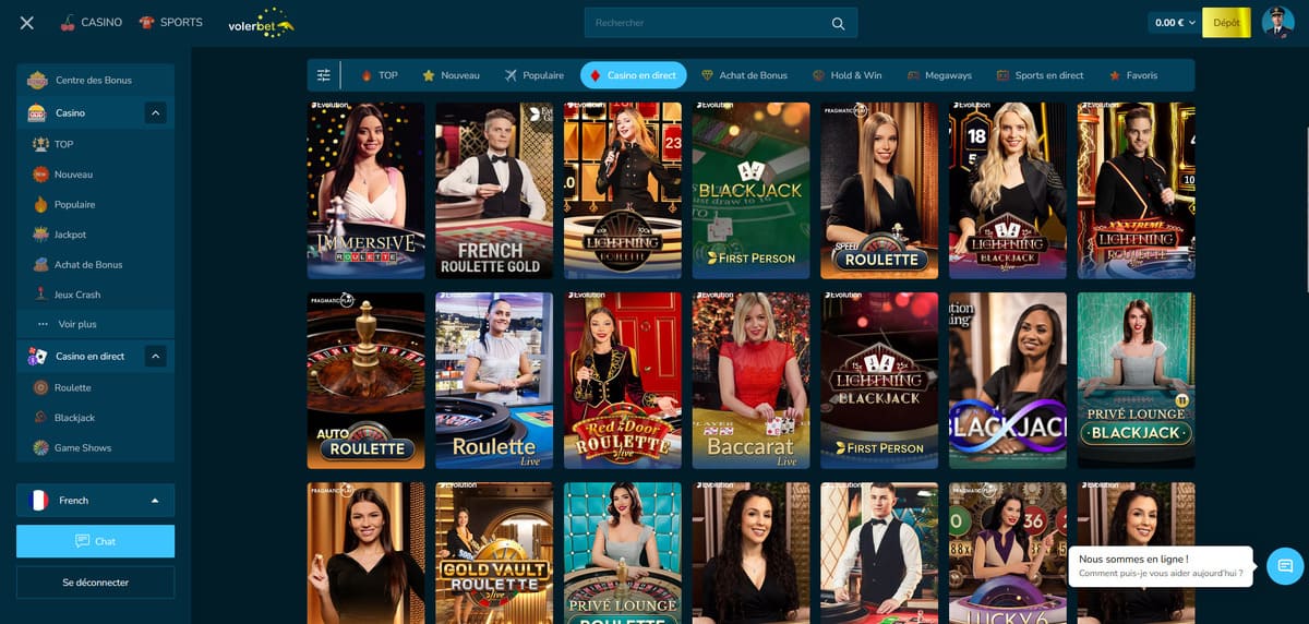 Tables de live casino sur Volerbet animées par Evolution Gaming avec les jeux de roulette et blackjack en direct