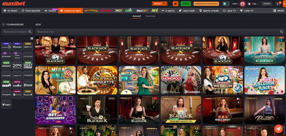 Section live casino de MaxiBet avec tables Evolution Gaming et Pragmatic Live en temps réel