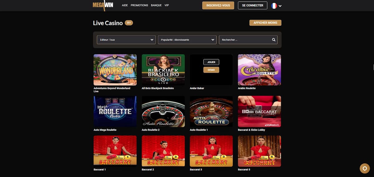 Section casino en direct de Mega Win Casino avec les tables Evolution et Pragmatic Play Live