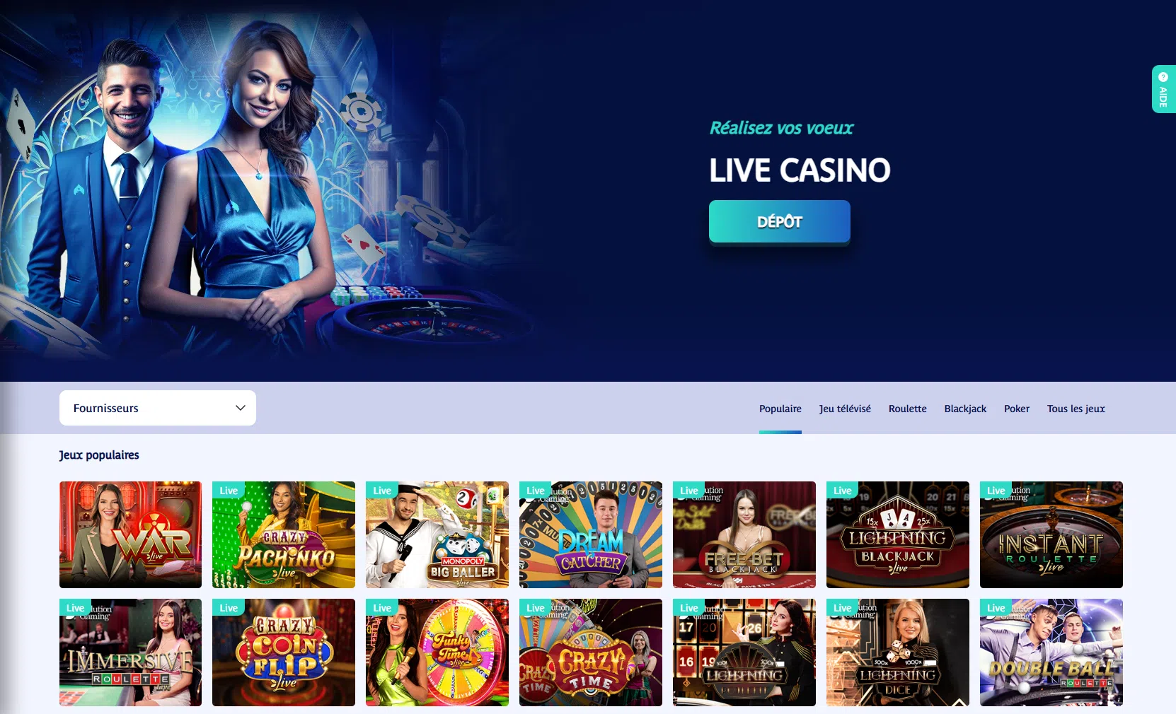 Section live casino de Prince Ali Casino avec les tables Evolution Gaming de roulette et blackjack en direct