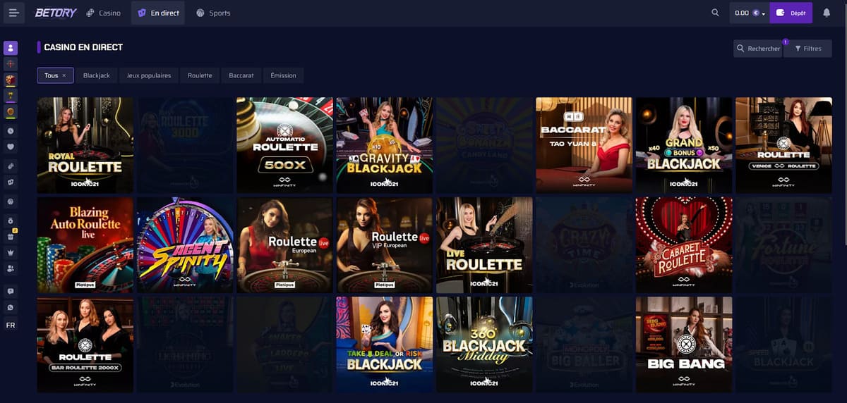 Section casino en direct de Betory