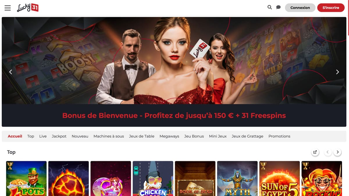 Interface lobby de Lucky 31, catalogue de jeux avec navigation par catégories et filtres de recherche
