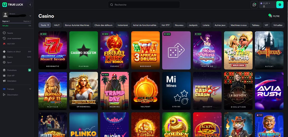 Lobby de TrueLuck Casino présentant la ludothèque de 5 500 jeux classés par catégories