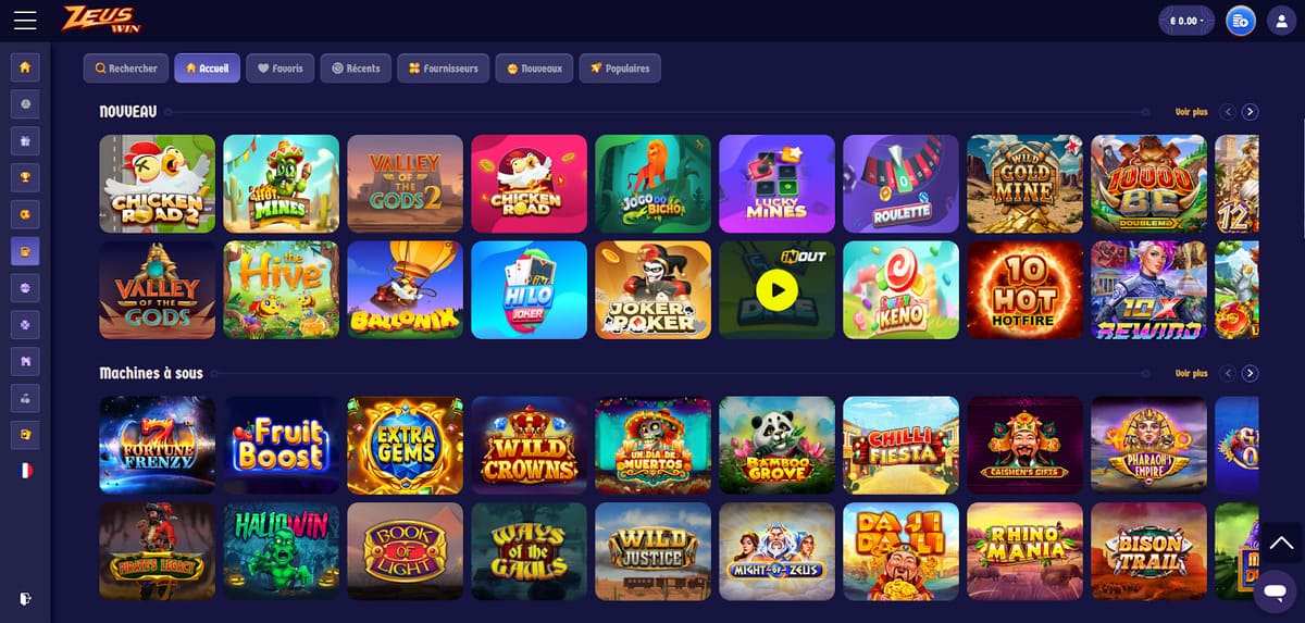 Vue de la ludothèque de ZeusWin Casino avec les catégories de jeux et les filtres par fournisseur