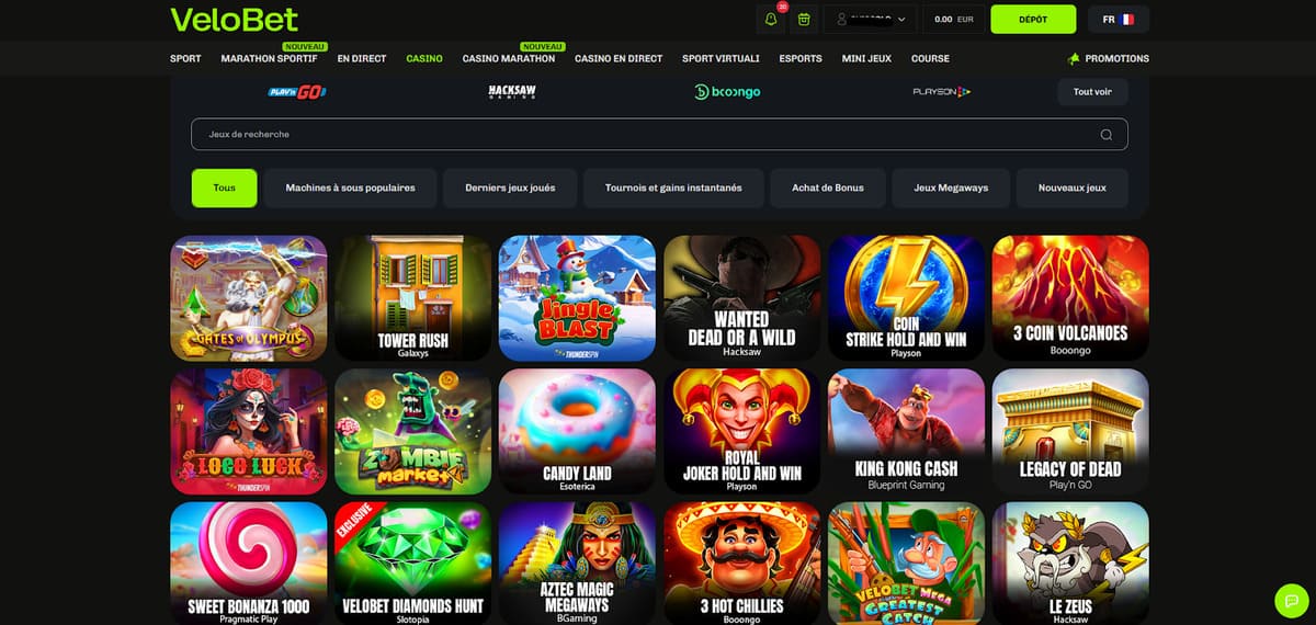 Interface ludothèque de Velobet affichant les catégories de jeux disponibles avec filtres par fournisseur