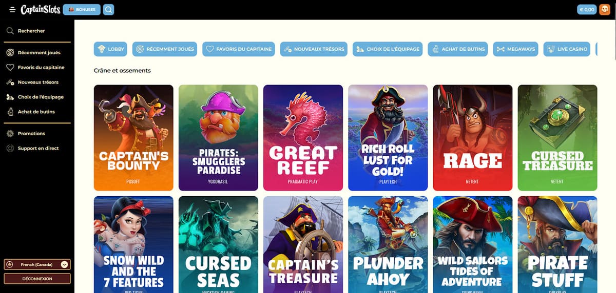 Lobby des machines à sous de Captain Slots avec les titres Pragmatic Play et Hacksaw Gaming mis en avant