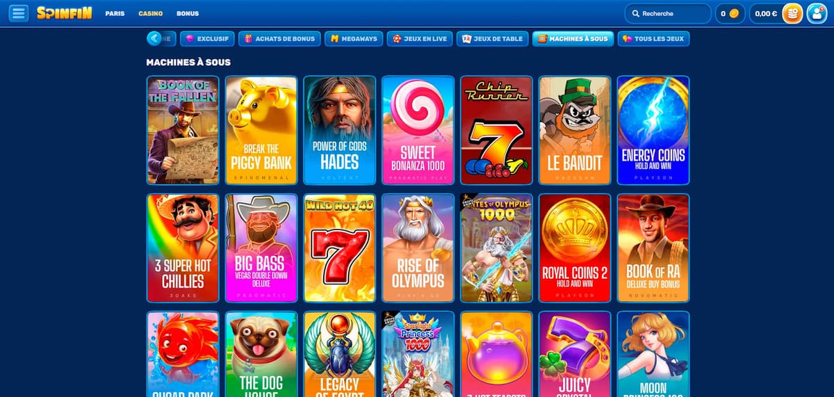 Sélection de machines à sous sur SpinFin Casino avec filtres par fournisseur et plus de 6 000 titres disponibles