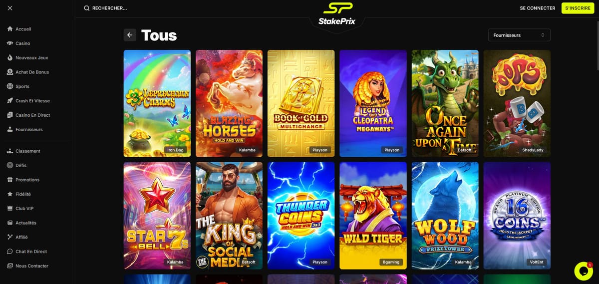 Section machines à sous de StakePrix Casino avec la grille des slots disponibles issus de 98 fournisseurs partenaires