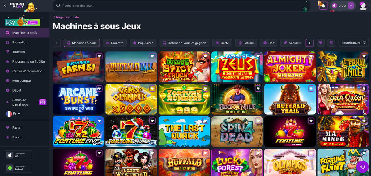Lobby machines à sous de BravoPlay Casino avec plus de 6 000 titres disponibles triés par catégorie