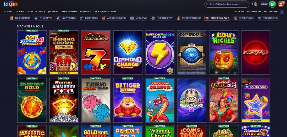 Lobby machines à sous de LolaJack Casino avec sélection de slots organisés par catégories et fournisseurs