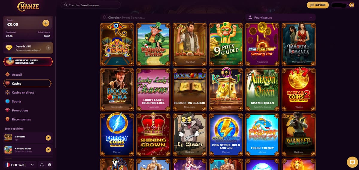Section machines à sous de Chanze Casino affichant la grille des slots disponibles issus de 39 fournisseurs