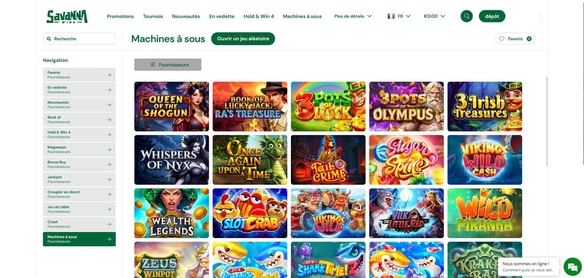 Section machines à sous de Savanna Wins Casino affichant la sélection de slots Pragmatic Play et Hacksaw Gaming
