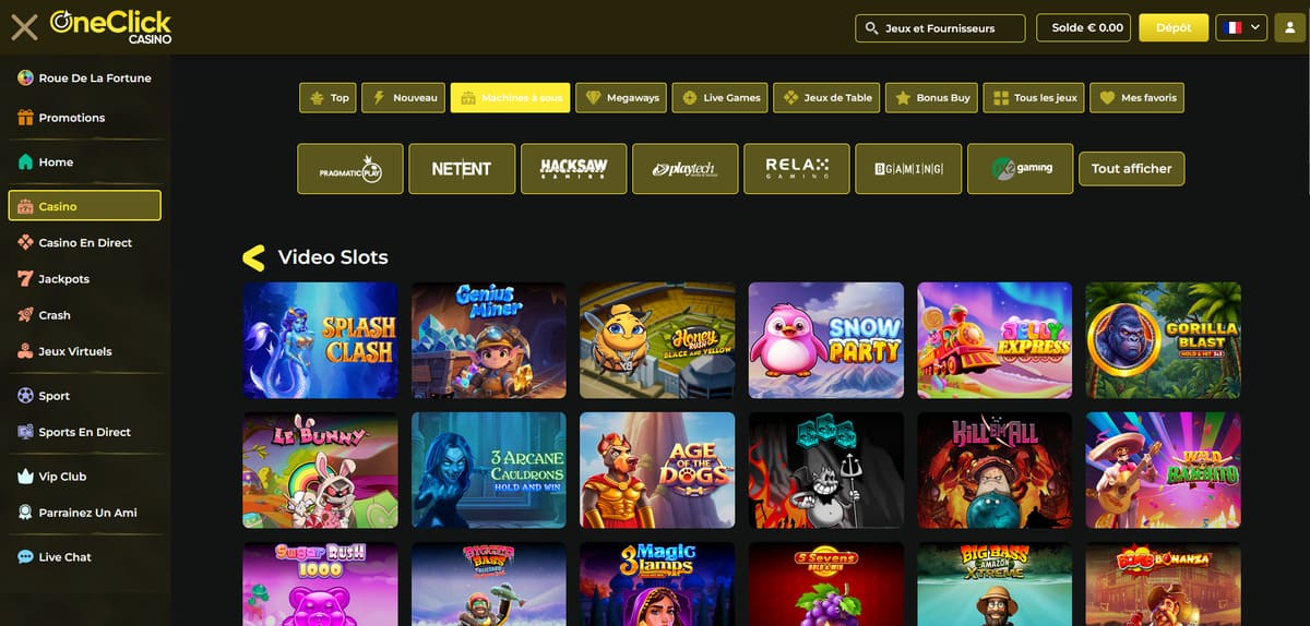 Lobby machines à sous de OneClick Casino avec sélection de 8 000 slots organisés par catégorie et fournisseur