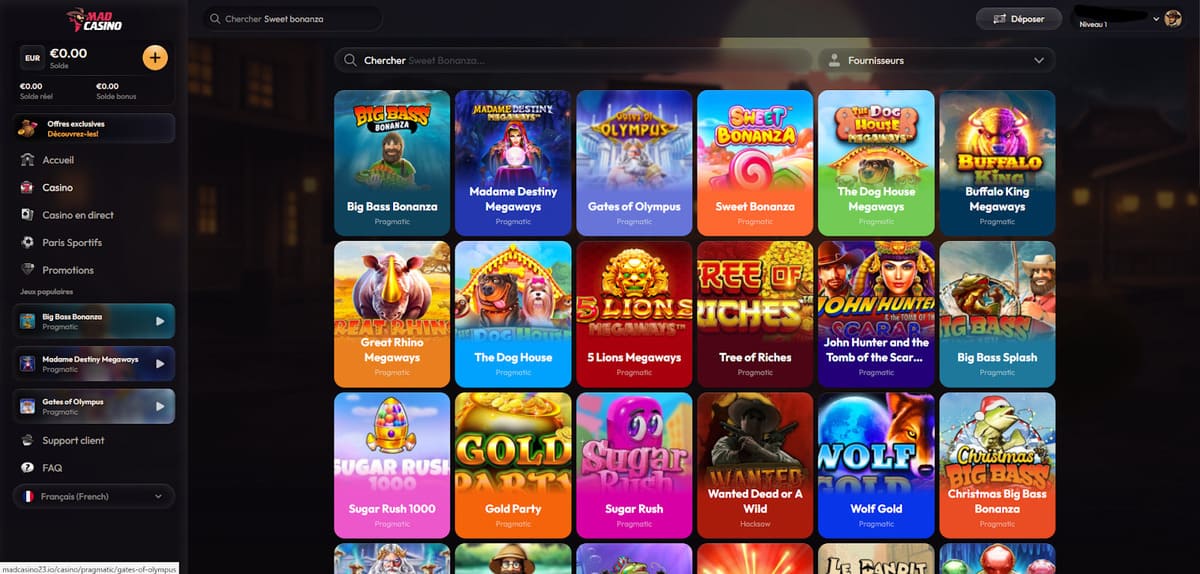Interface machines à sous de MadCasino affichant la sélection de slots par fournisseur