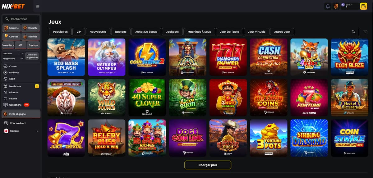 Catalogue des machines à sous de Nixbet présentant les derniers slots Hacksaw Gaming et Pragmatic Play