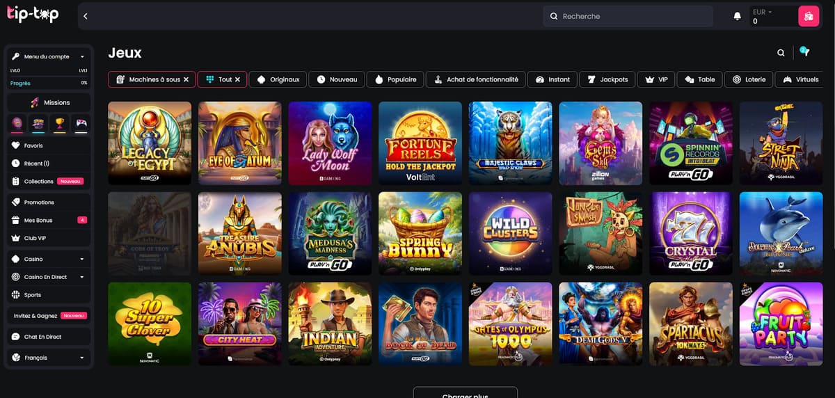 Section machines à sous de Tip Top Casino avec la grille de sélection des slots et les filtres par fournisseur