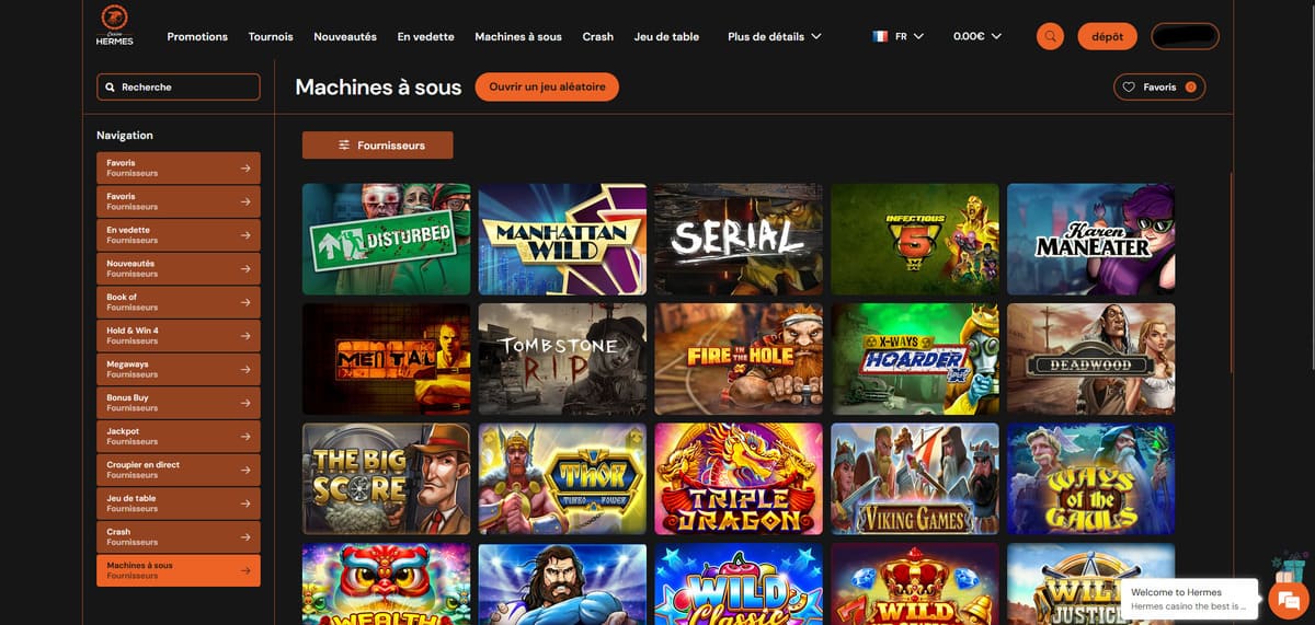 Lobby machines à sous de Hermes Casino avec la sélection de slots Pragmatic Play et Hacksaw Gaming en 2026