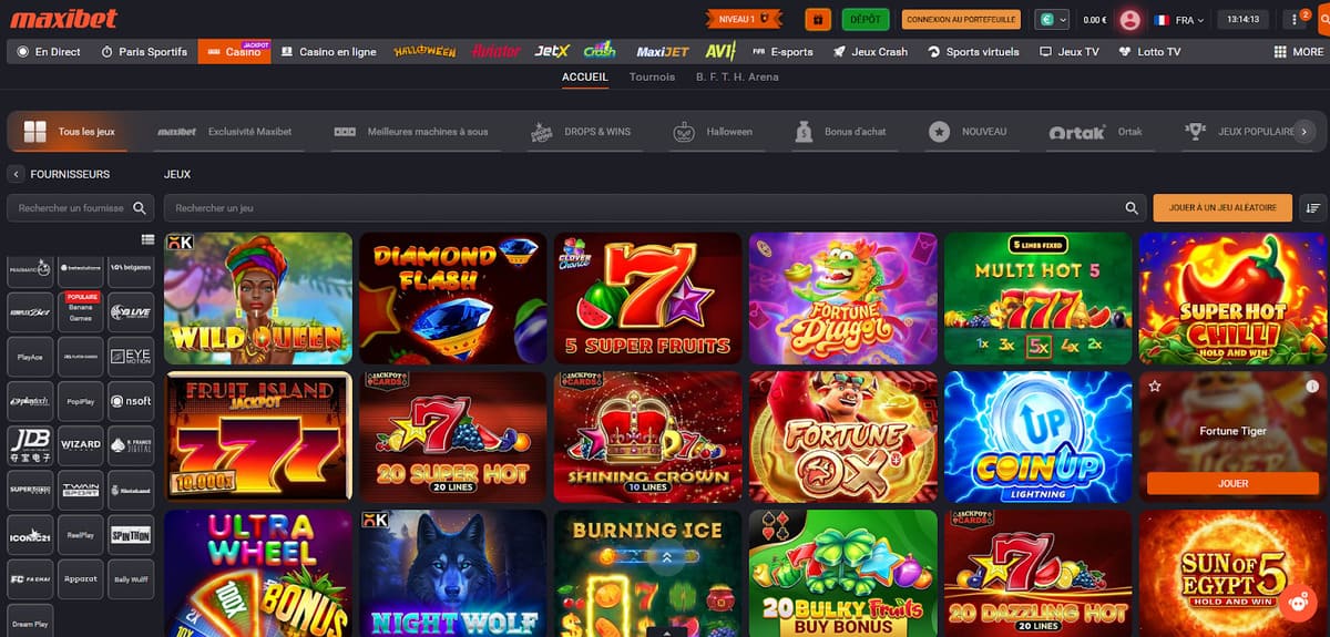 Lobby machines à sous de MaxiBet casino avec filtres fournisseurs et titres Pragmatic Play en vedette
