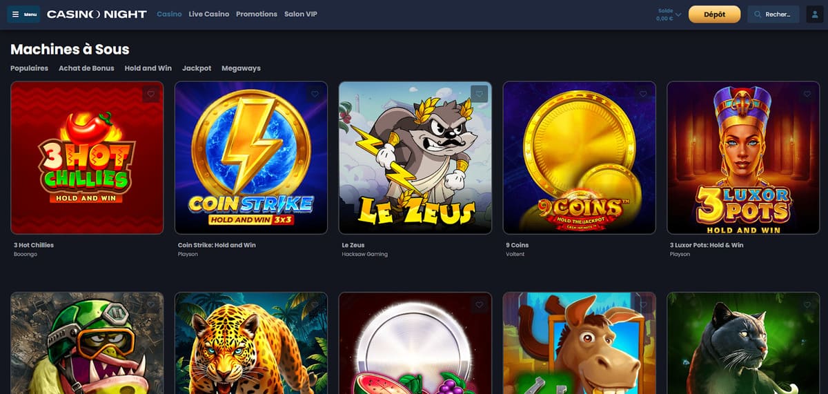 Catalogue des machines à sous de CasinoNight avec plus de 6 000 titres disponibles dans le lobby