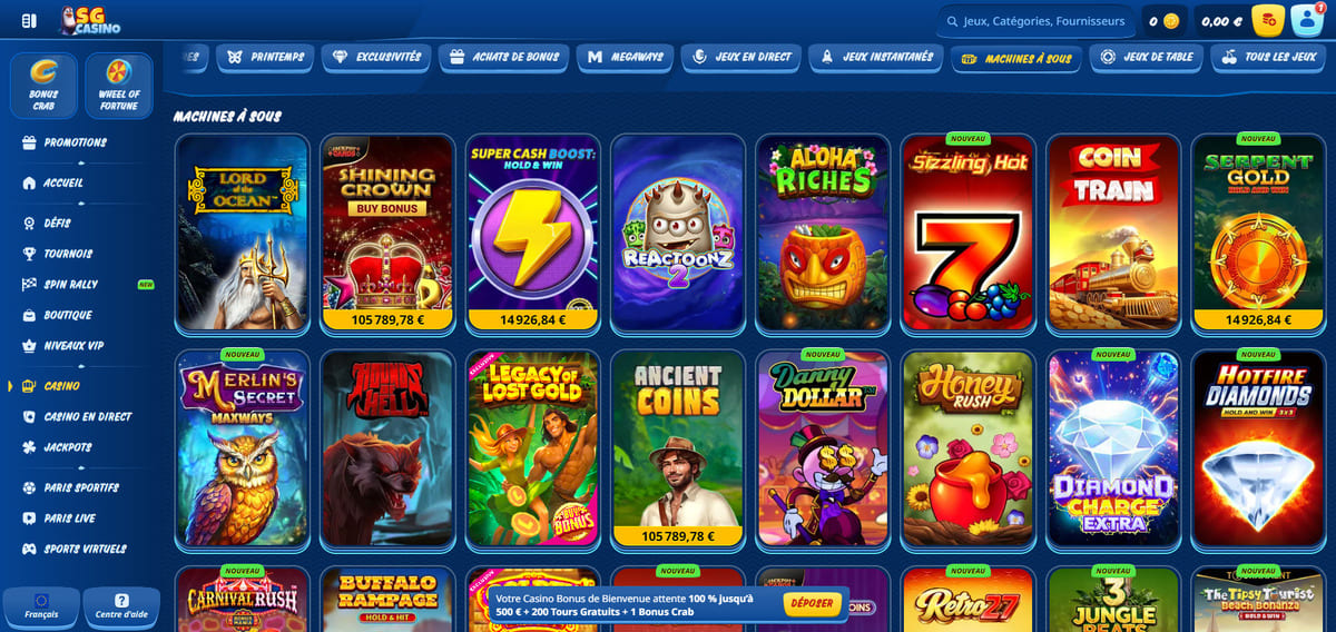 Catalogue des machines à sous de SG Casino avec filtres par fournisseur et dernières sorties disponibles