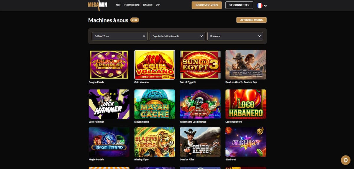 Lobby machines à sous de Mega Win Casino avec le catalogue de 2 500 slots et filtres fournisseurs