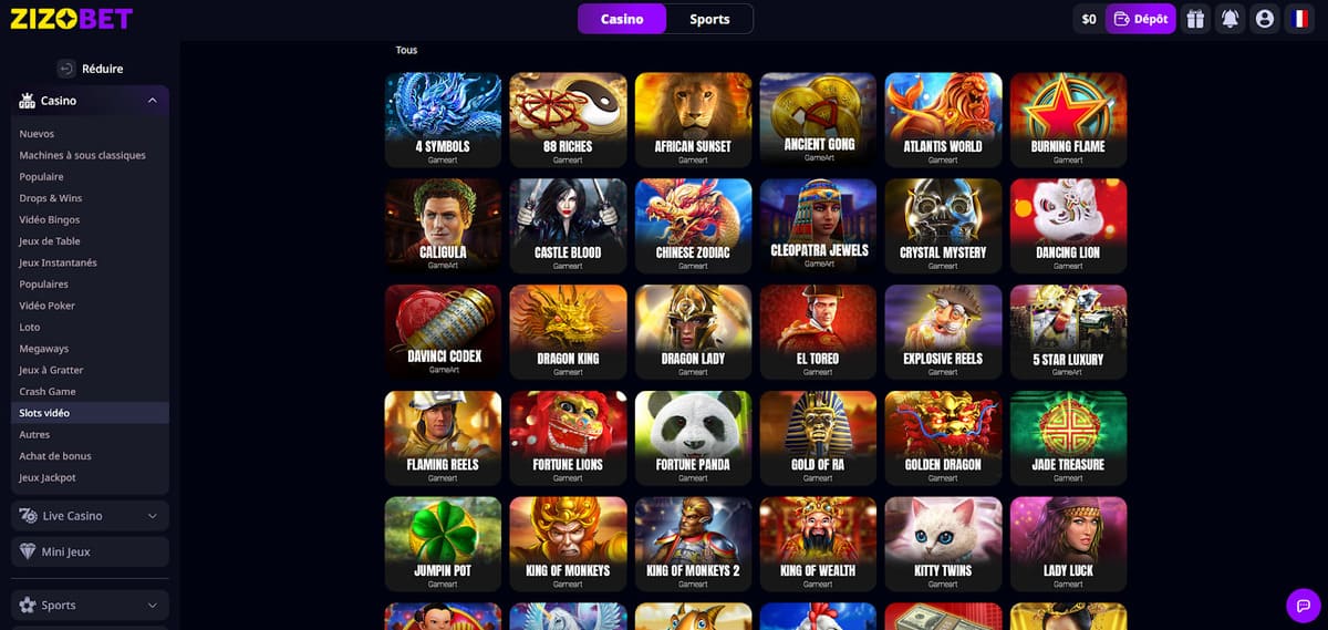Lobby machines à sous de Zizobet Casino avec les filtres fournisseurs et les dernières sorties Pragmatic Play