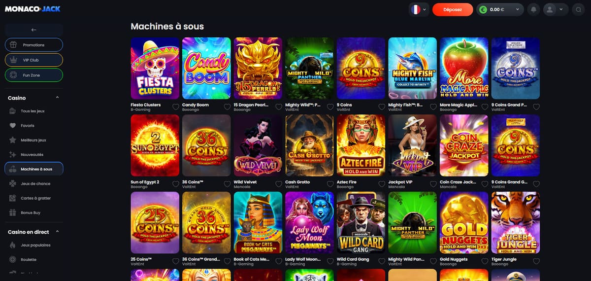 Interface des machines à sous de Monaco Jack avec les jeux Pragmatic Play, NetEnt et Play'n Go disponibles