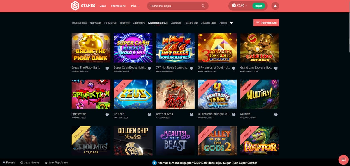 Section machines à sous de Stakes Casino avec les filtres par fournisseur et les 5 500 slots disponibles