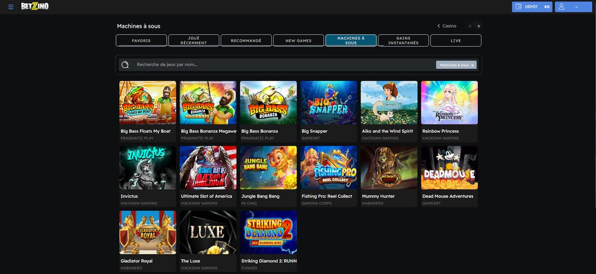 Section machines à sous de Betzino casino affichant les slots disponibles triés par fournisseur