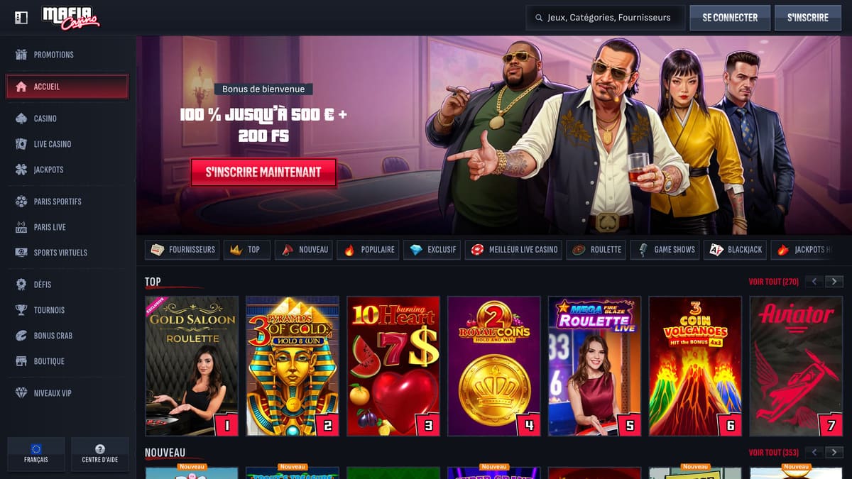 Interface lobby de Mafia Casino avec les jeux en vedette et la navigation principale