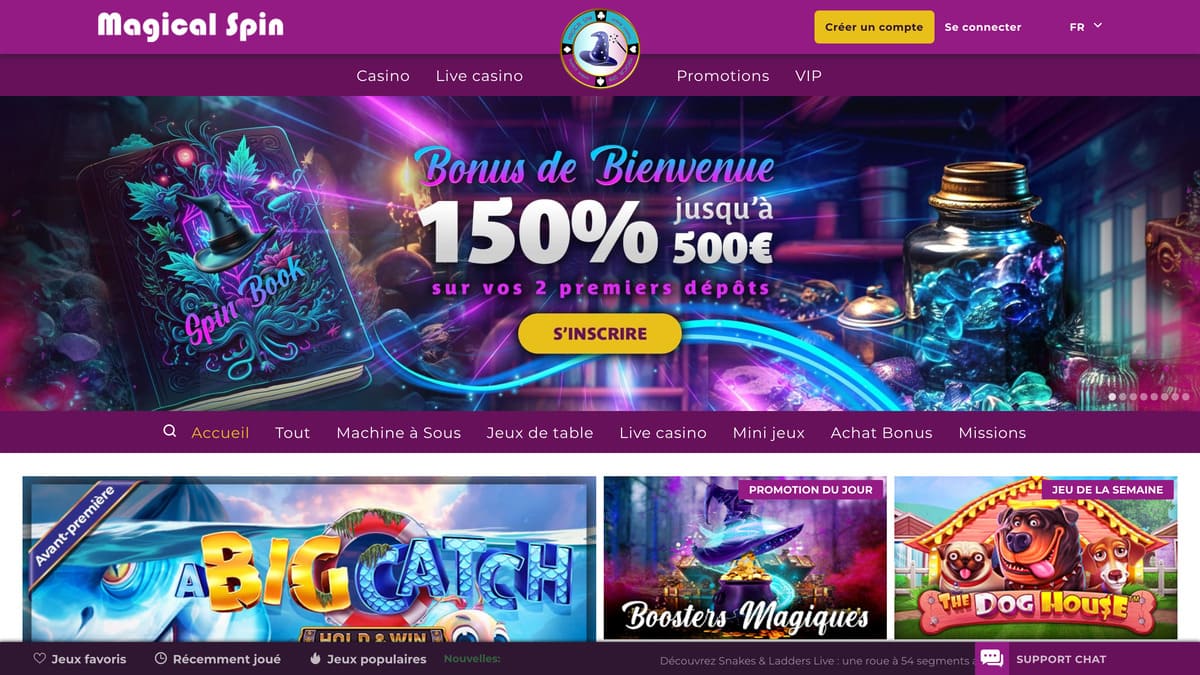 Interface principale de Magical Spin Casino avec le menu de navigation et les promotions en cours