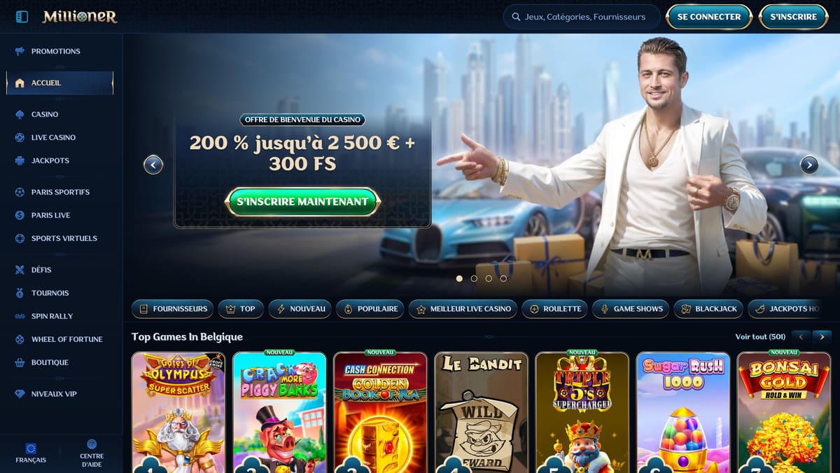 Interface de la ludothèque du casino Millioner avec plus de 10 000 jeux
