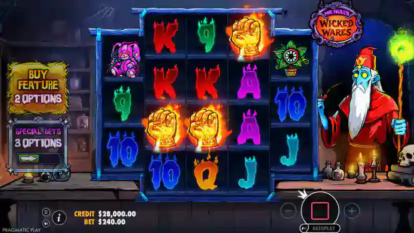 Écran Free Spins de Mr Null's Wicked Wares avec compteurs de multiplicateurs progressifs sur les rouleaux 2, 3 et 4