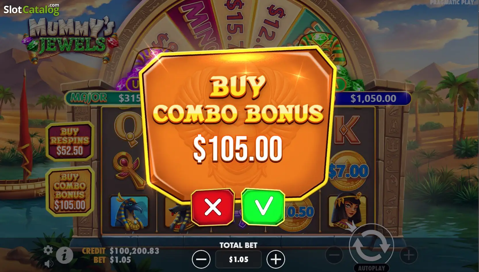 Écran Bonus Buy de Mummy's Jewels affichant les deux options d'achat à 50x et 100x la mise