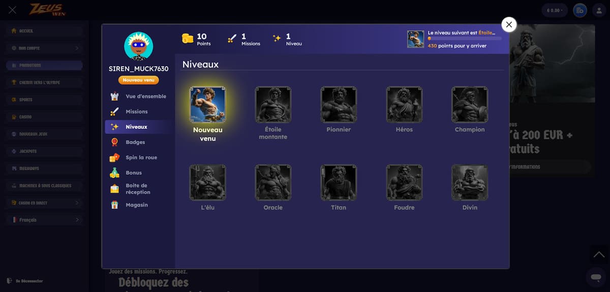 Écran des niveaux du programme Chemin vers l'Olympe de ZeusWin Casino avec les 10 paliers de progression visibles