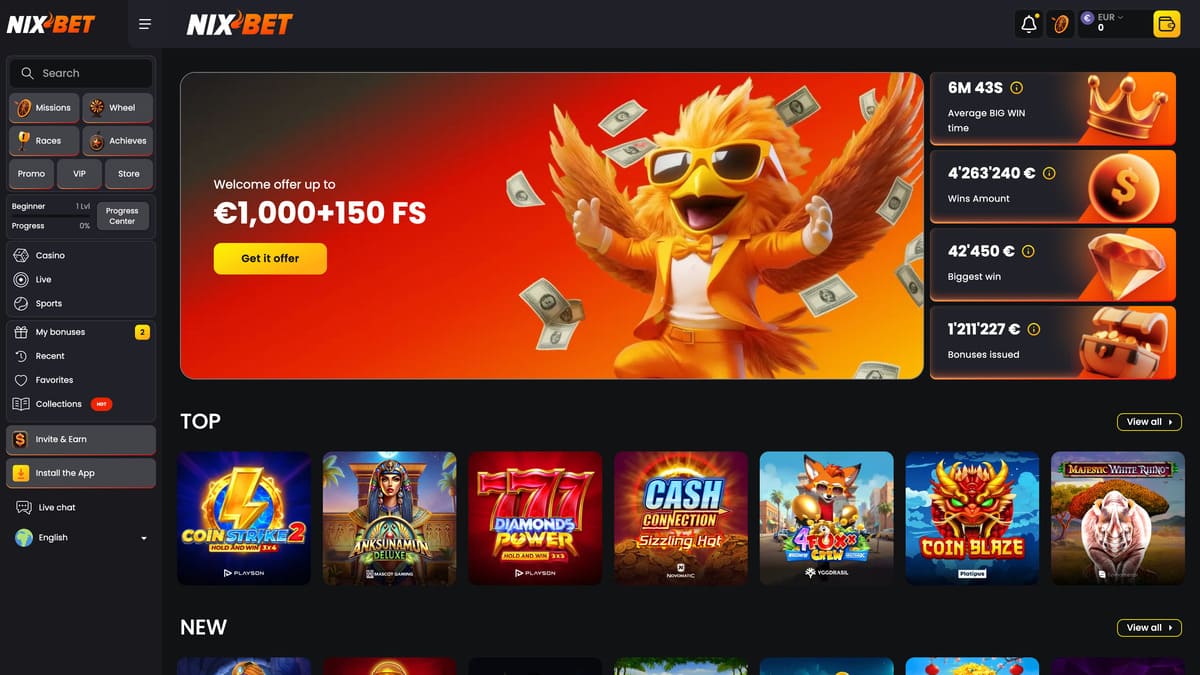 Interface lobby de Nixbet Casino avec les catégories slots, live casino, sports et mini-jeux clairement organisées